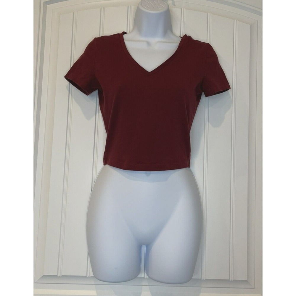 Wild Fable Womens Burgundy Cropped Top Size S Small Short Sleeve Cotton Blend